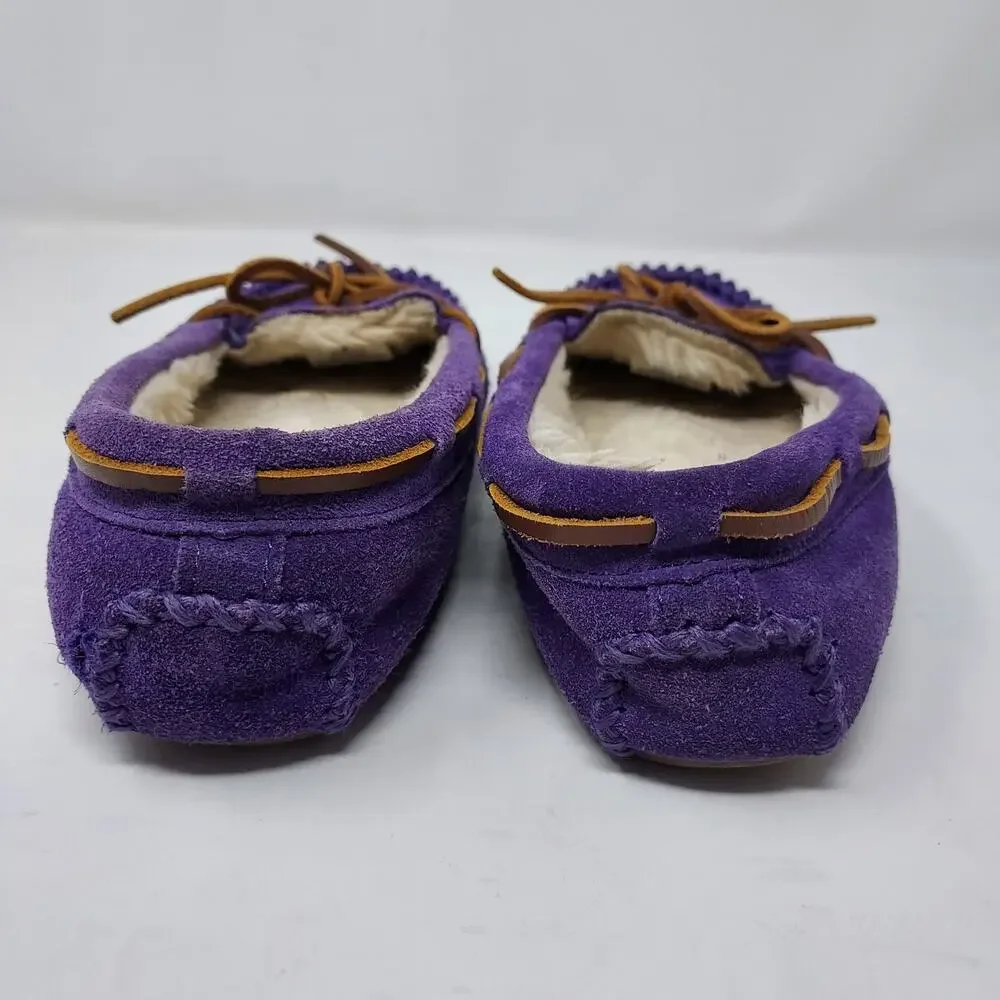 Minnetonka Purple Leather Moccasins Faux Fur Lining Size 2